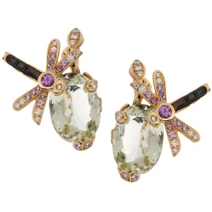 Dior Dragonfly Green Beryl Diamond Sapphire 18k Yellow Gold Earrings