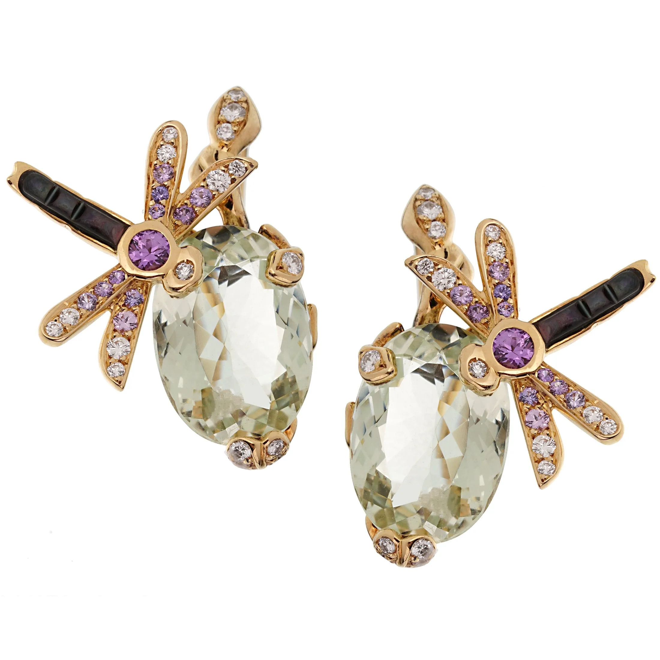 Dior Dragonfly Green Beryl Diamond Sapphire 18k Yellow Gold Earrings
