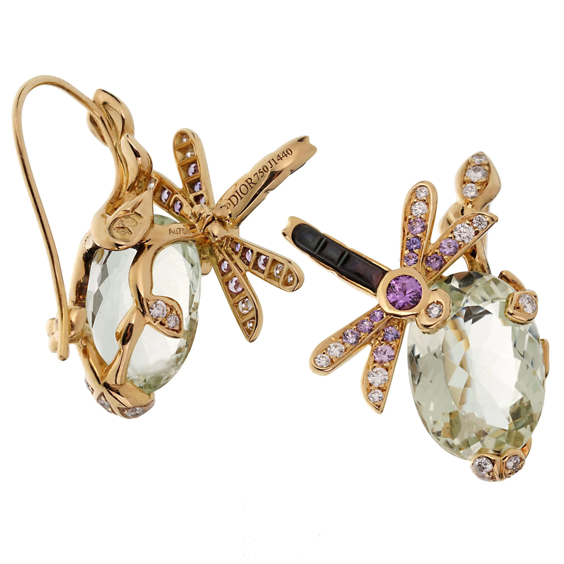 Dior Dragonfly Green Beryl Diamond Sapphire 18k Yellow Gold Earrings