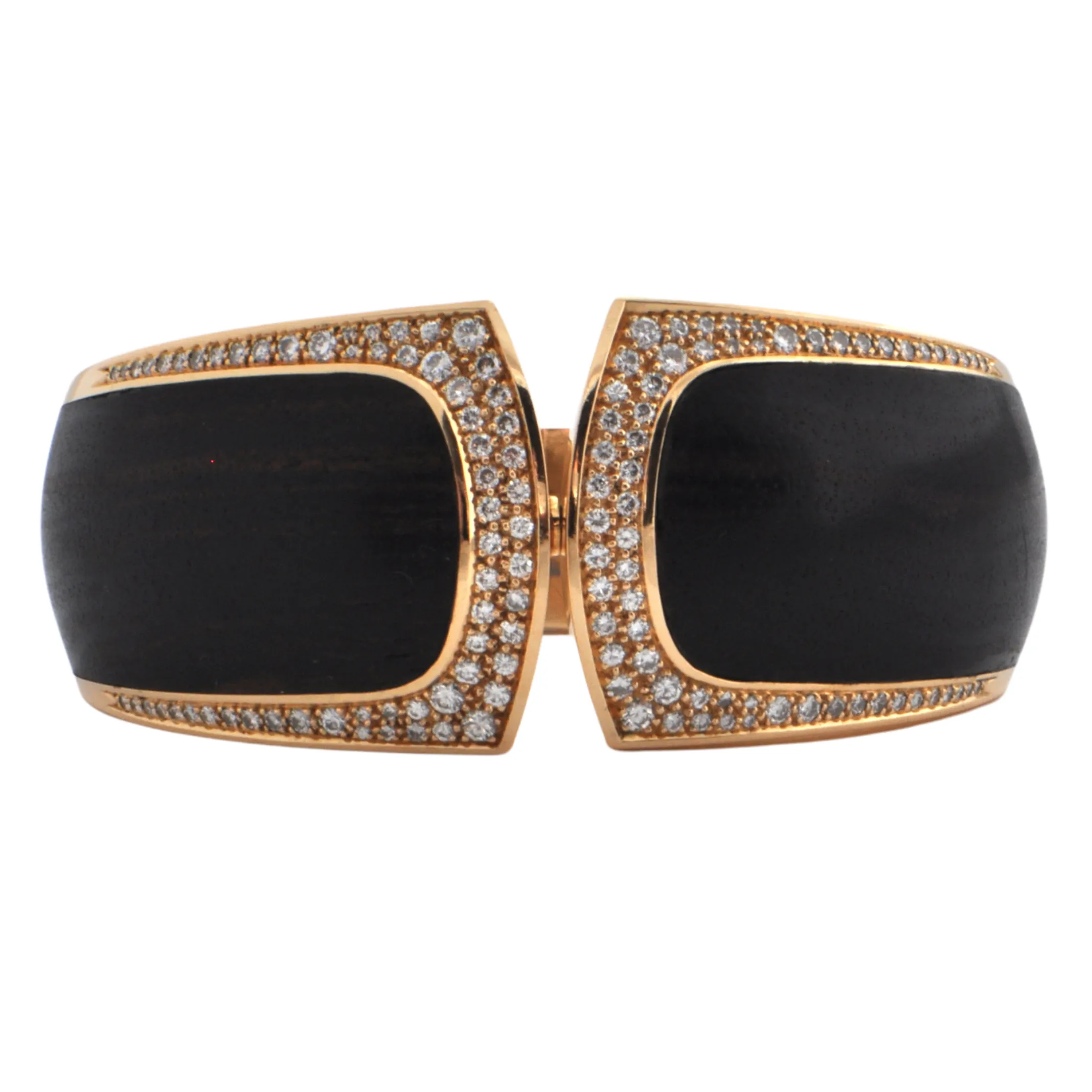 Estate Signed 'Binder' Modernist Diamond & Wood 18K Gold hinged Cuff bracelet (C.1990)