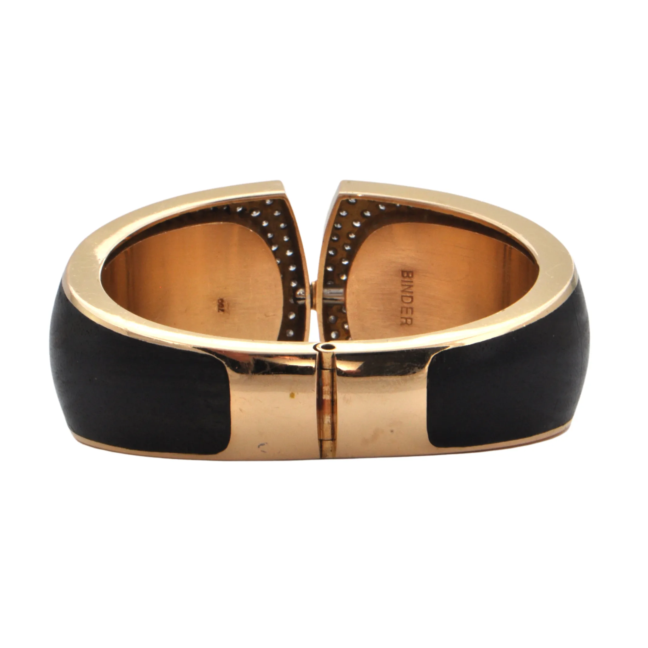 Estate Signed 'Binder' Modernist Diamond & Wood 18K Gold hinged Cuff bracelet (C.1990)
