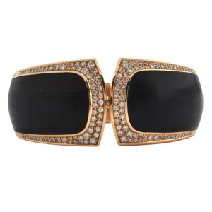 Estate Signed 'Binder' Modernist Diamond & Wood 18K Gold hinged Cuff bracelet (C.1990)