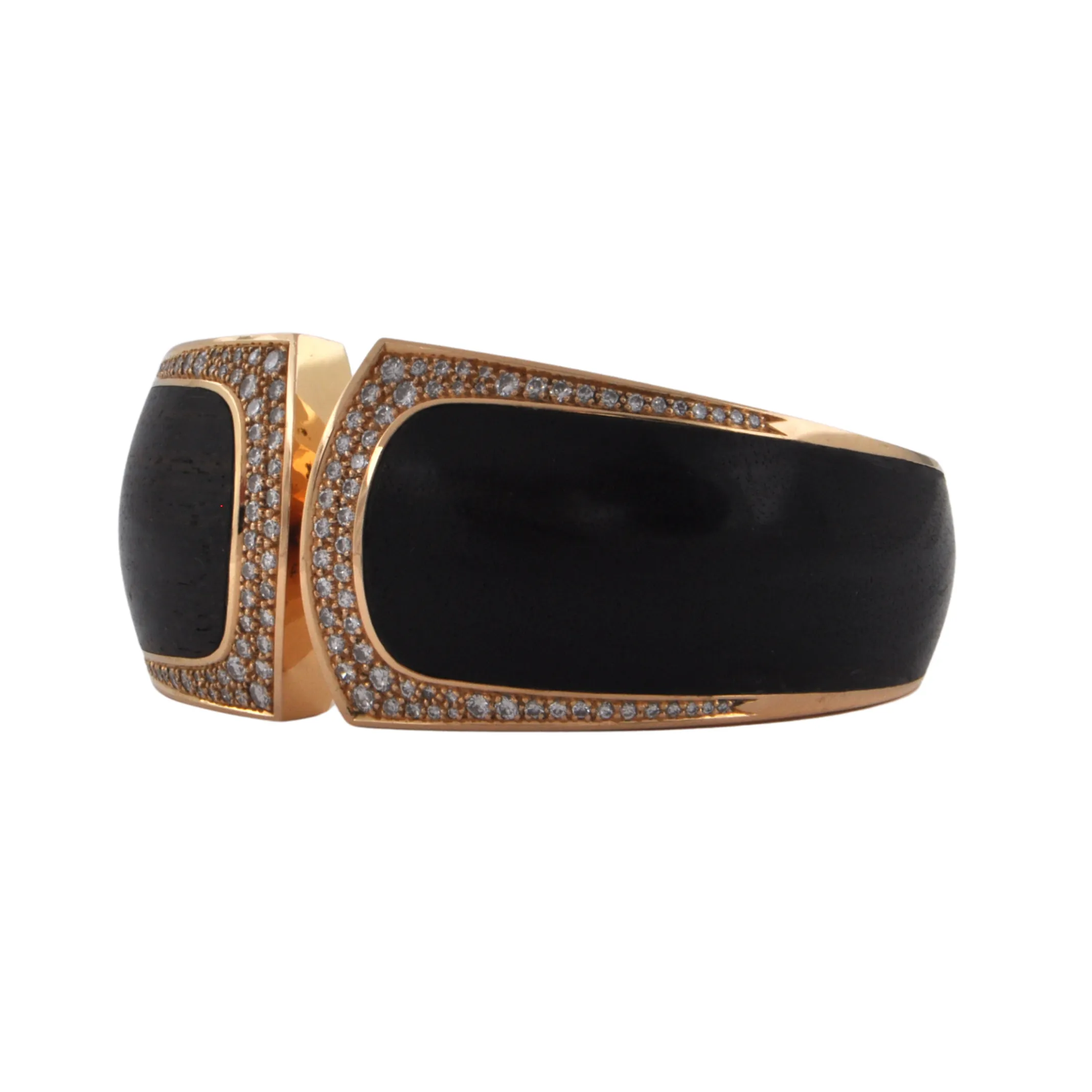Estate Signed 'Binder' Modernist Diamond & Wood 18K Gold hinged Cuff bracelet (C.1990)