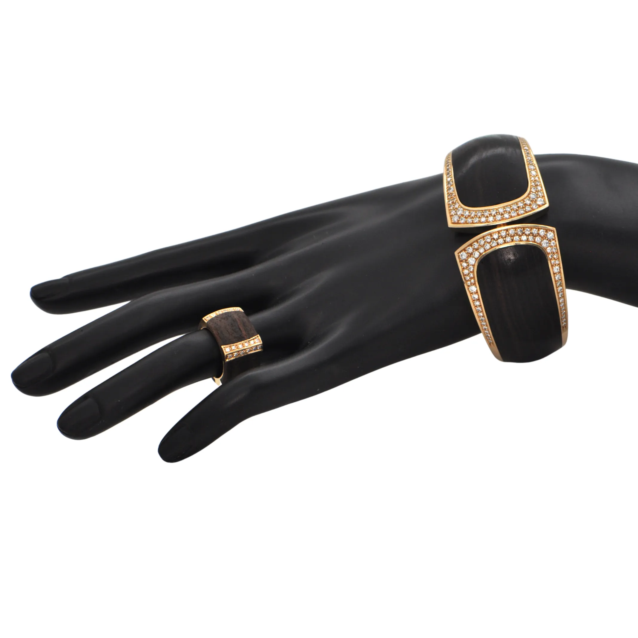 Estate Signed 'Binder' Modernist Diamond & Wood 18K Gold hinged Cuff bracelet (C.1990)