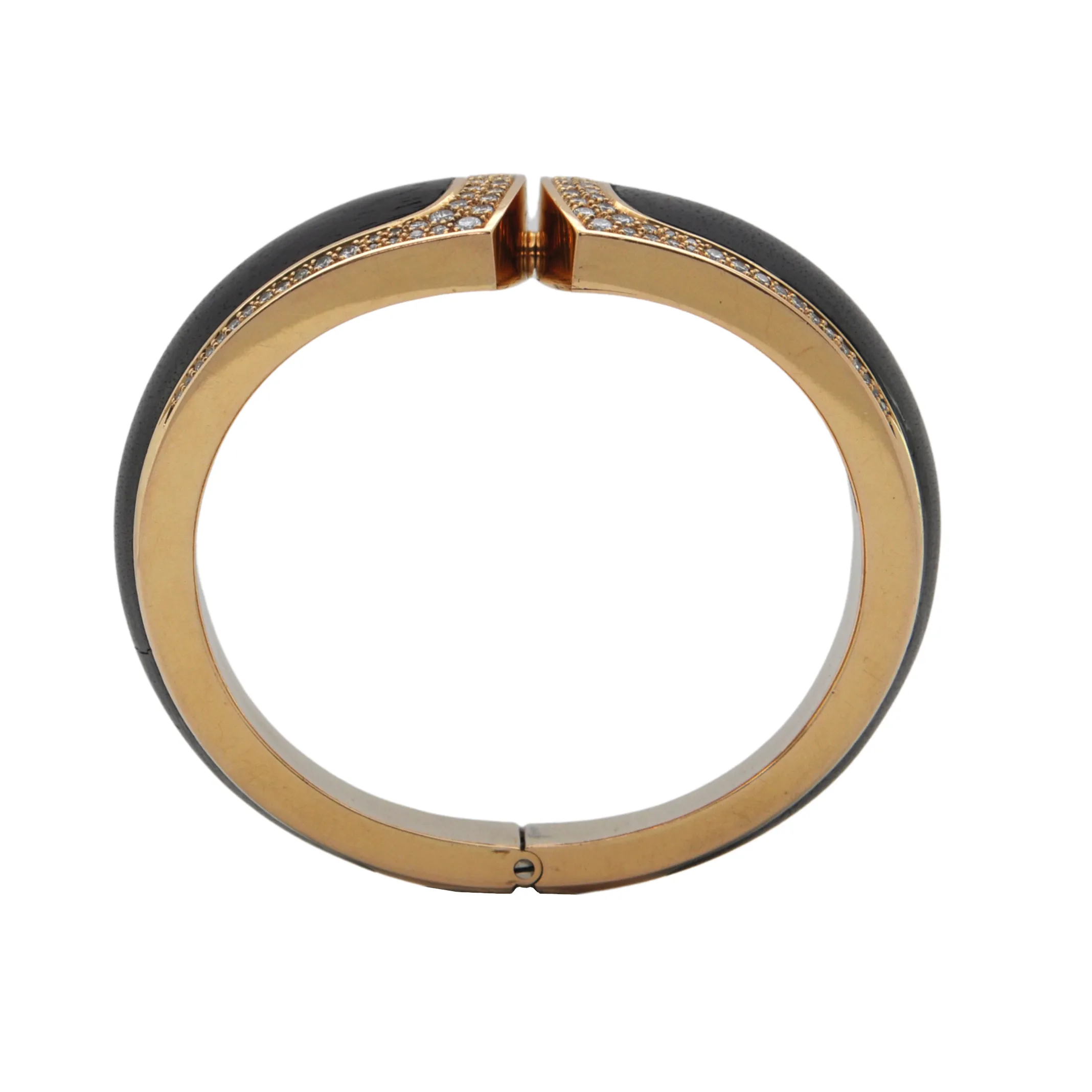 Estate Signed 'Binder' Modernist Diamond & Wood 18K Gold hinged Cuff bracelet (C.1990)