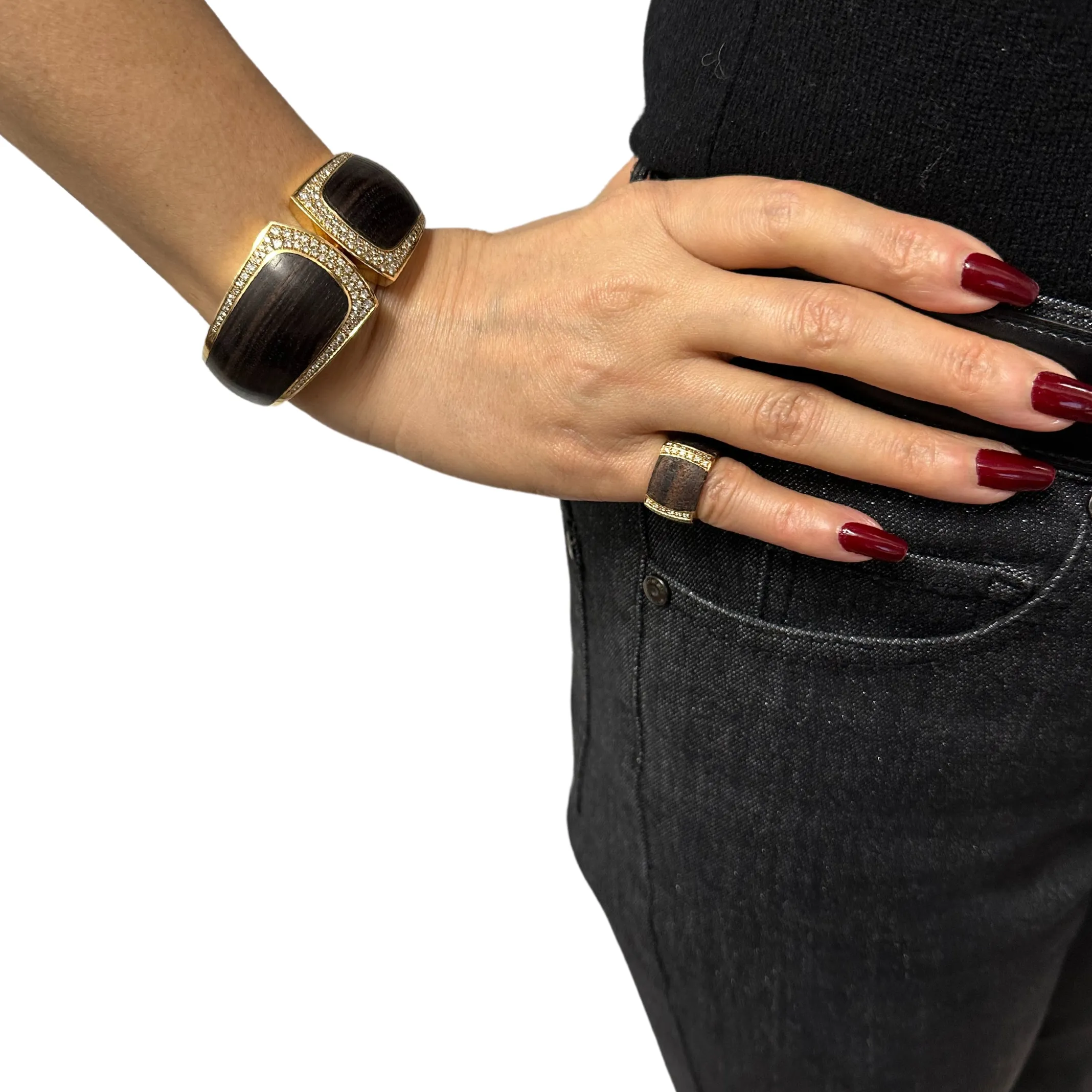 Estate Signed 'Binder' Modernist Diamond & Wood 18K Gold Ring (C.1990)