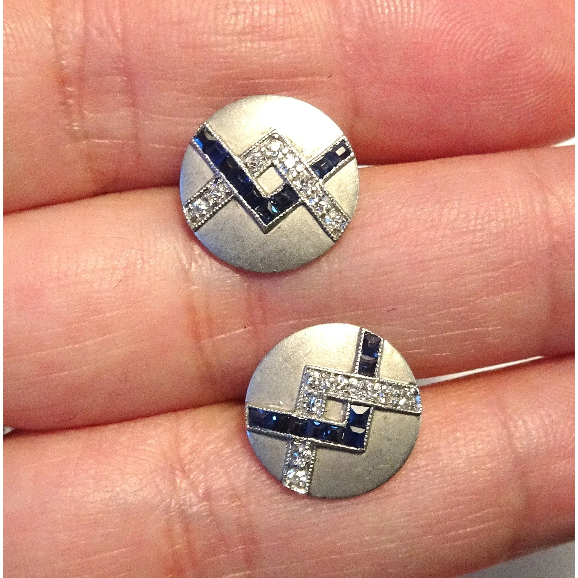 French Art Deco Platinum Sapphire & Diamond Cufflinks
