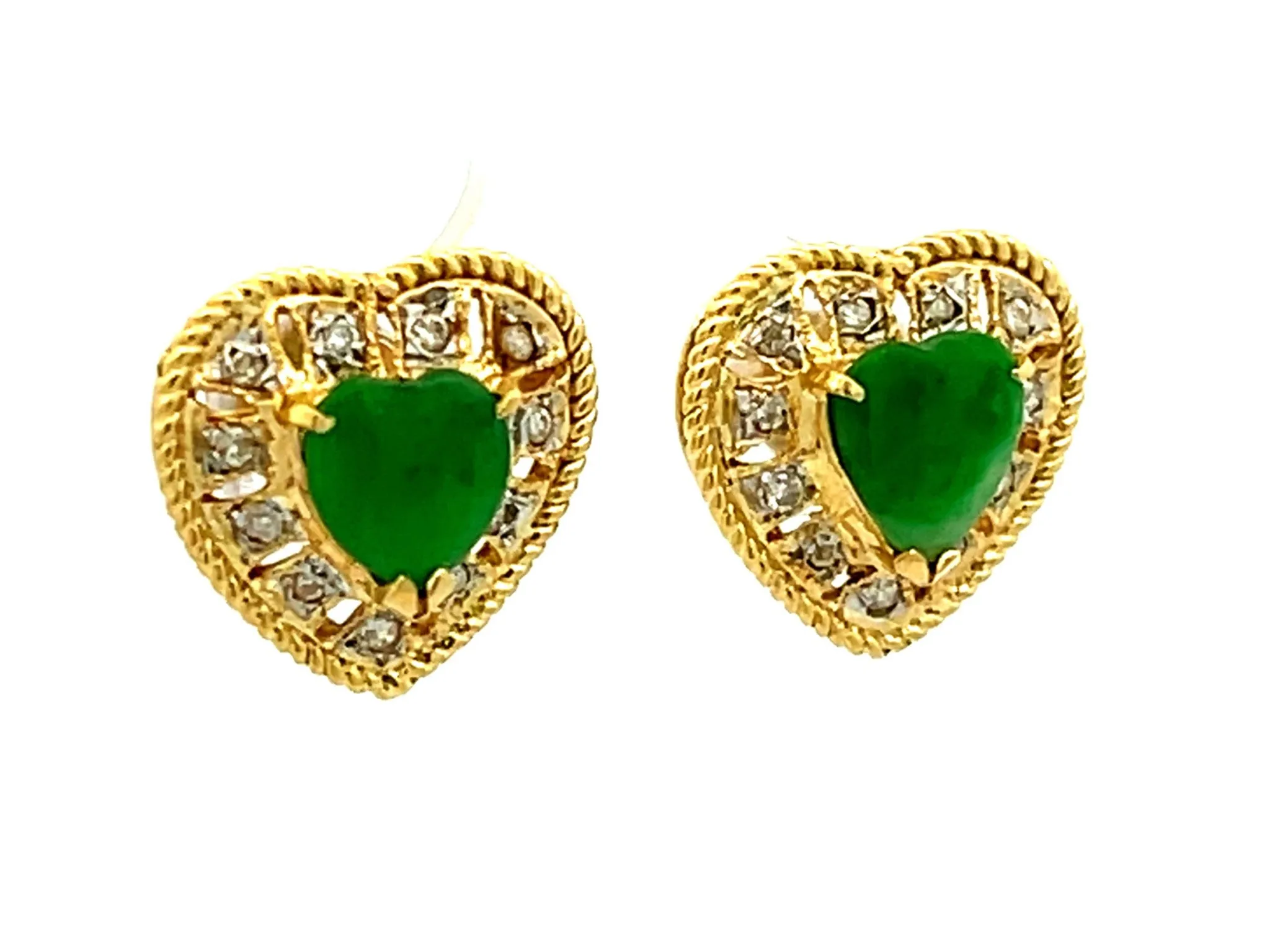 Green Apple Jade Heart Shaped Earrings with Diamond Halos in 18K Yellow Gold