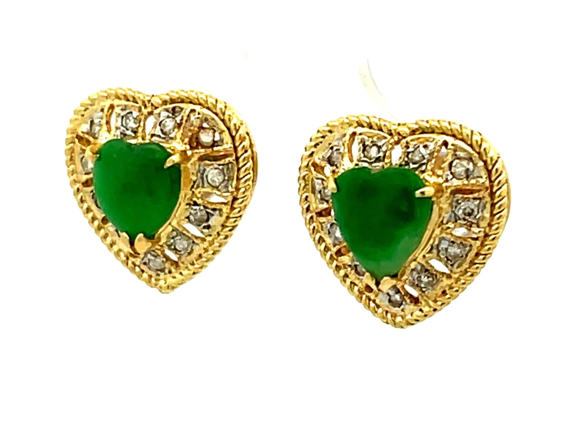 Green Apple Jade Heart Shaped Earrings with Diamond Halos in 18K Yellow Gold