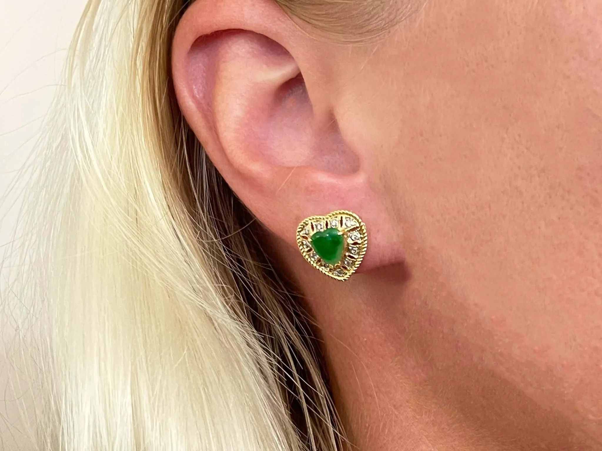 Green Apple Jade Heart Shaped Earrings with Diamond Halos in 18K Yellow Gold