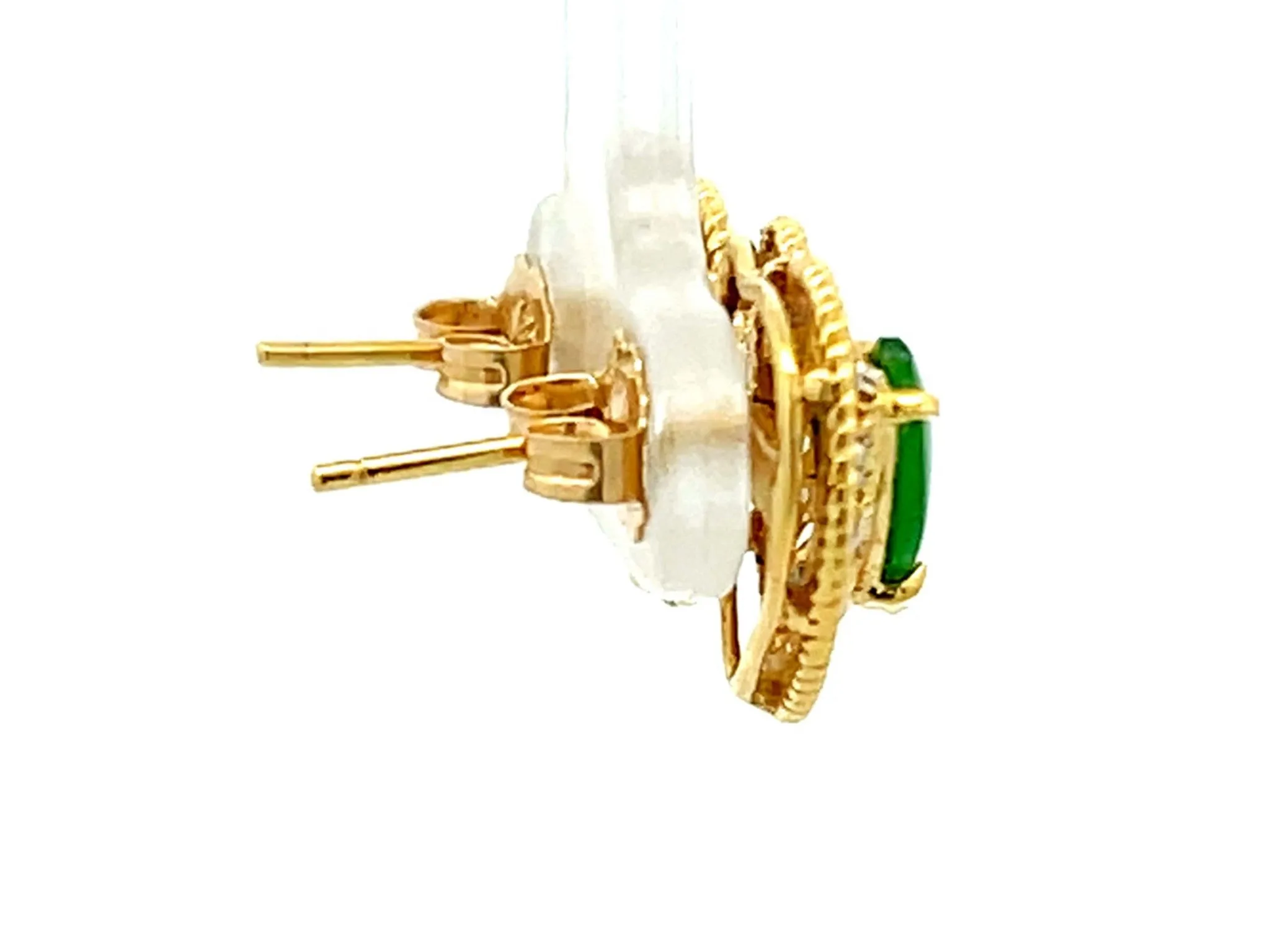 Green Apple Jade Heart Shaped Earrings with Diamond Halos in 18K Yellow Gold