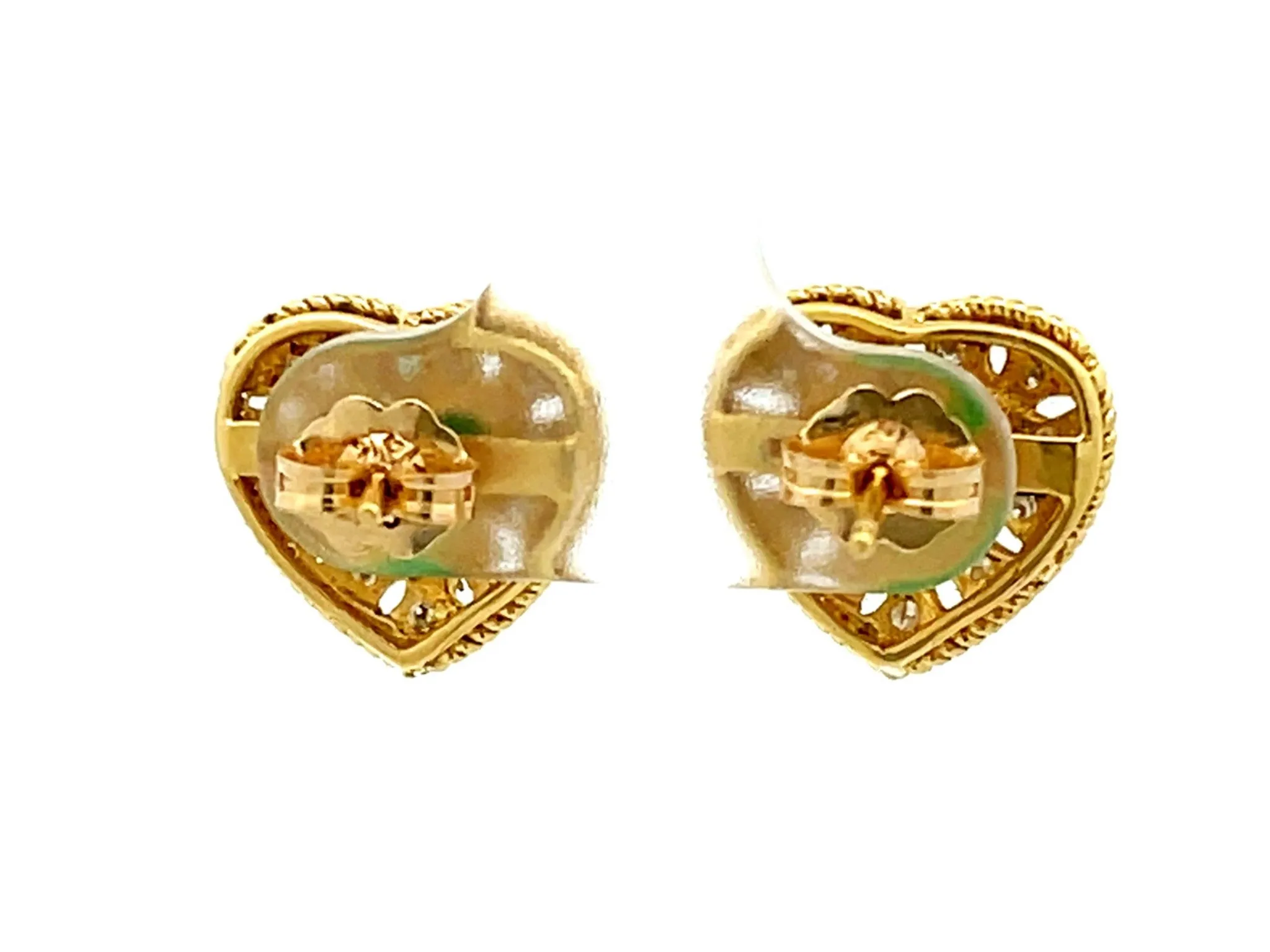 Green Apple Jade Heart Shaped Earrings with Diamond Halos in 18K Yellow Gold