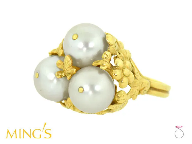 Ming's Hawaii Ring Plum Blossom 3 White Pearls in 14K