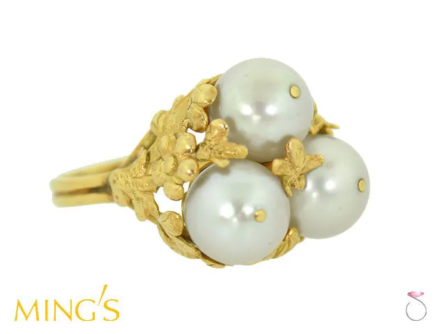 Ming's Hawaii Ring Plum Blossom 3 White Pearls in 14K