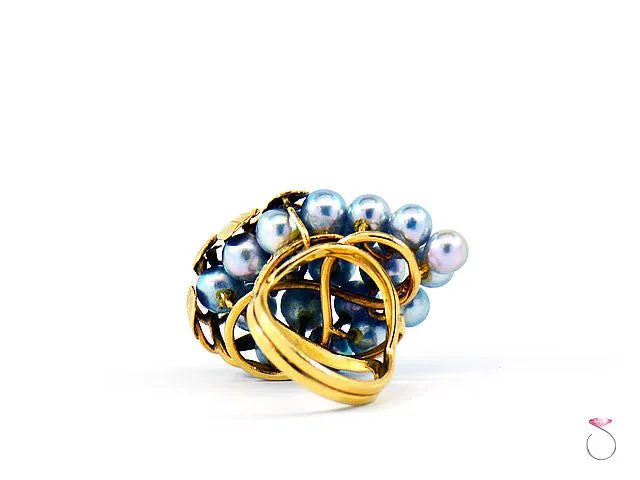 Ming's Hawaii Silver Blue Pearls Large Cluster Ring in 14K