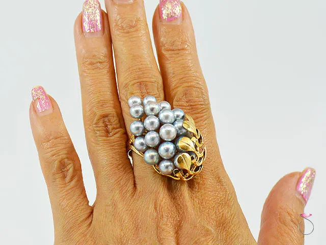 Ming's Hawaii Silver Blue Pearls Large Cluster Ring in 14K