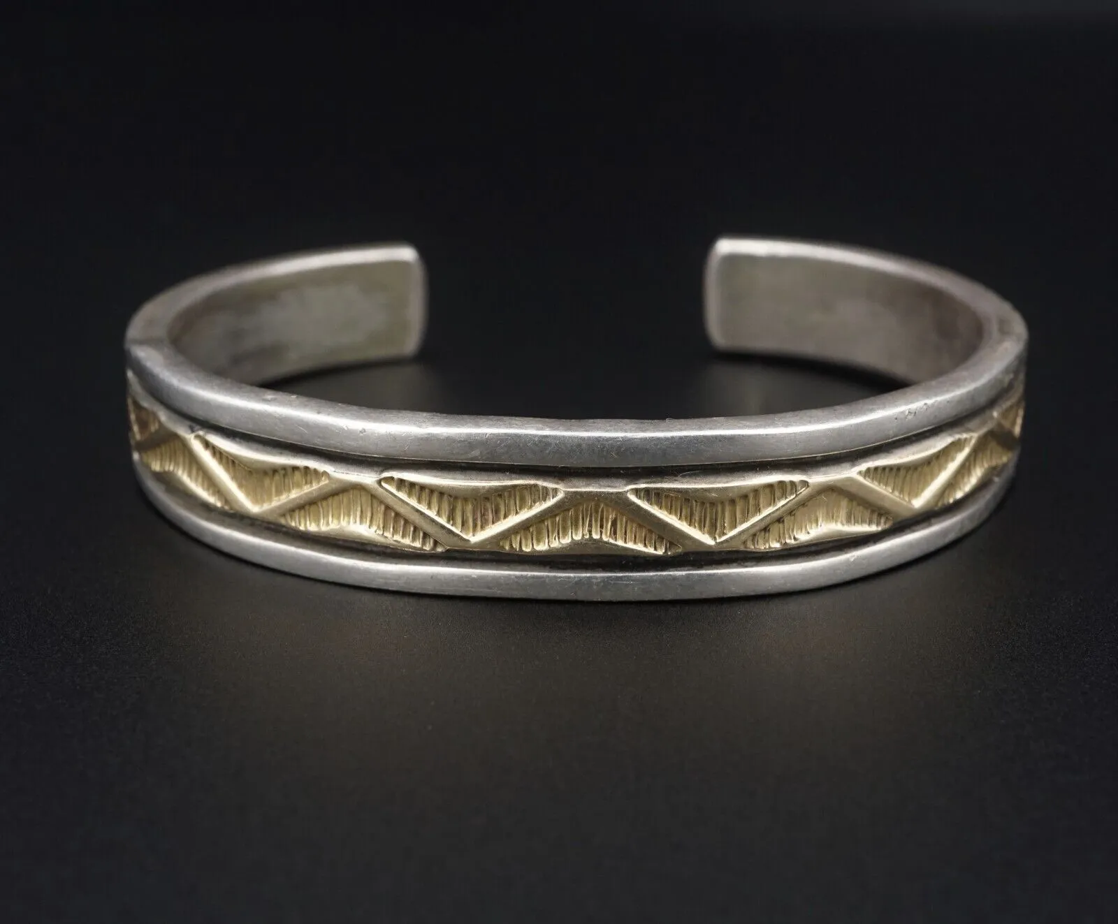 Navajo Bruce Morgan Sterling Silver 14k Gold Etched Cuff Bracelet 6.5" BS2803