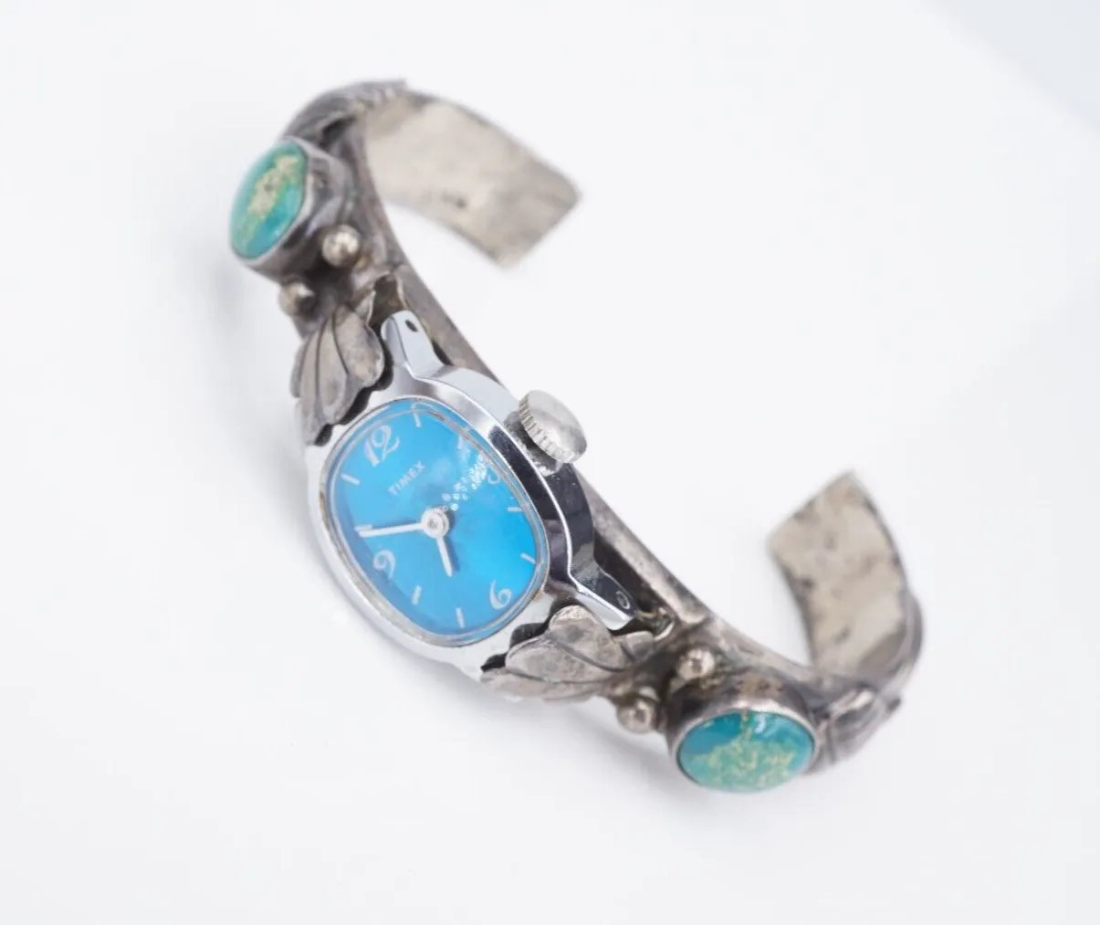 Navajo Signed KM Sterling Silver Turquoise Watch Cuff Feather Mary Bill 7" W868