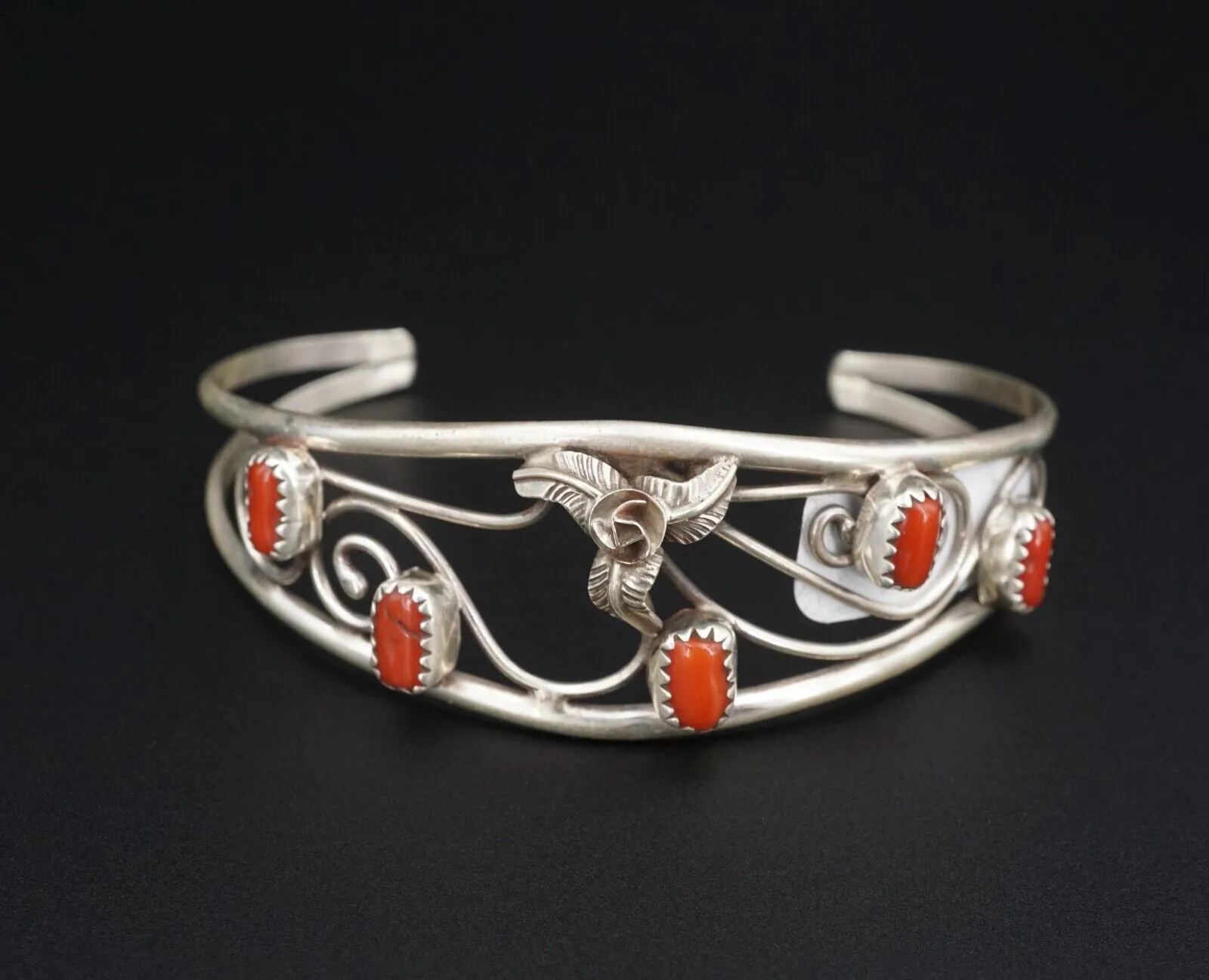 Navajo Sterling Silver Coral Cuff Bracelet Open Swirl Carolyn Nez 6.75" BS2806