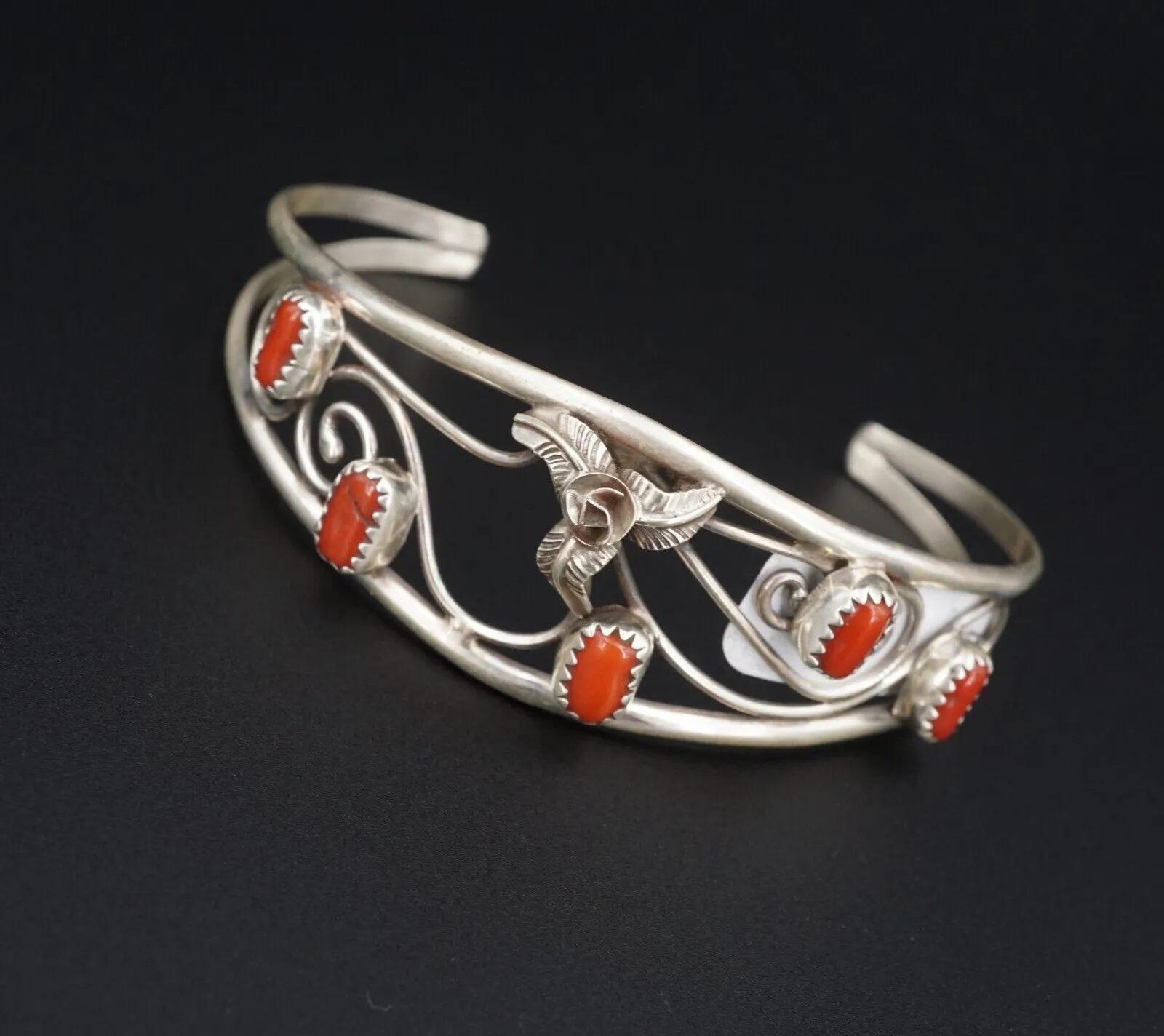 Navajo Sterling Silver Coral Cuff Bracelet Open Swirl Carolyn Nez 6.75" BS2806