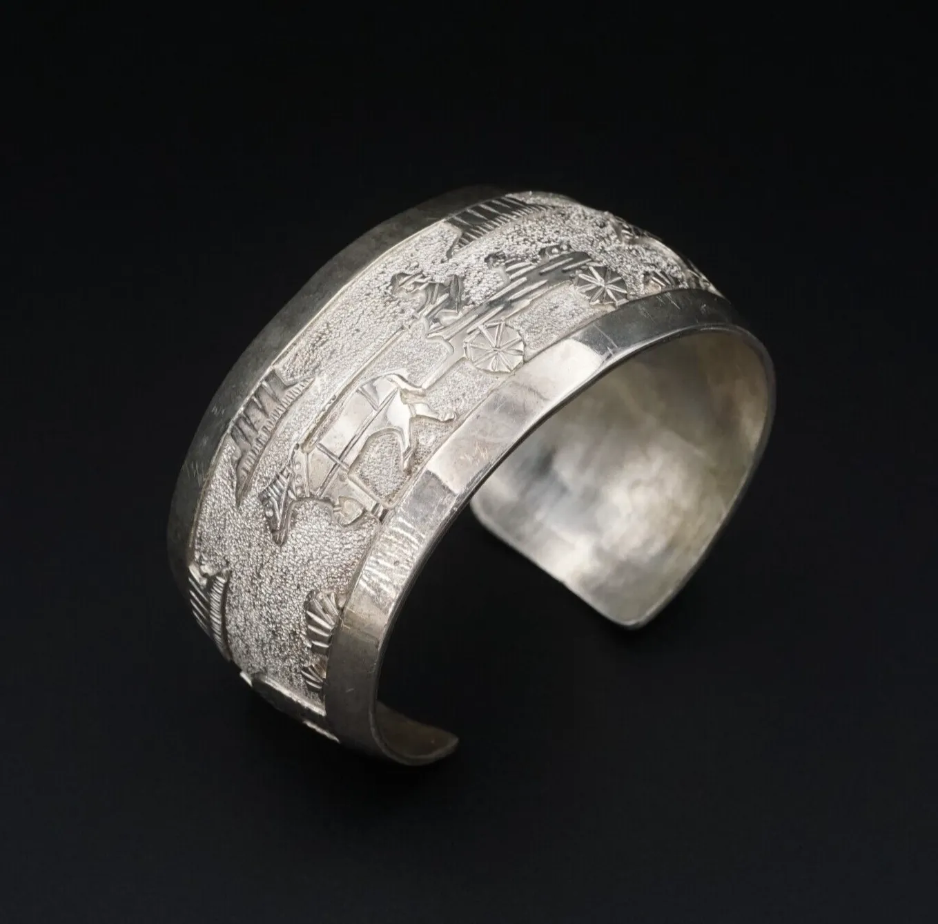 Navajo Storyteller Cuff Bracelet Sterling Silver Overlay Etched 6.5" BS2957