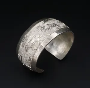 Navajo Storyteller Cuff Bracelet Sterling Silver Overlay Etched 6.5" BS2957