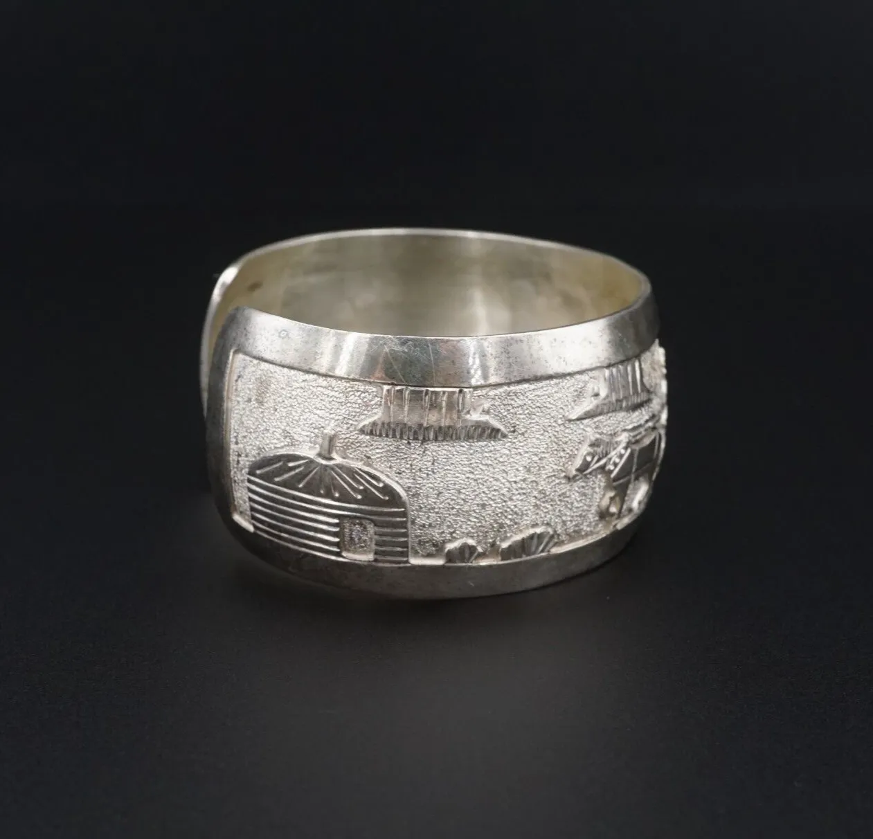 Navajo Storyteller Cuff Bracelet Sterling Silver Overlay Etched 6.5" BS2957
