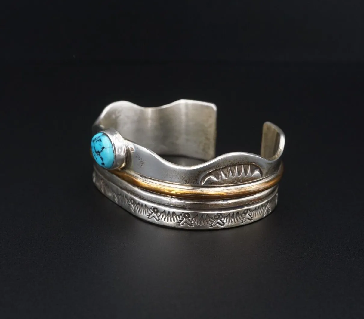 Navajo Turquoise Cuff Bracelet Brass Sterling Silver Signed RL 6.75" BS2955