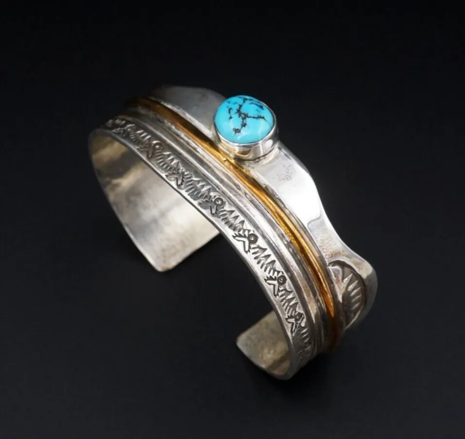 Navajo Turquoise Cuff Bracelet Brass Sterling Silver Signed RL 6.75" BS2955