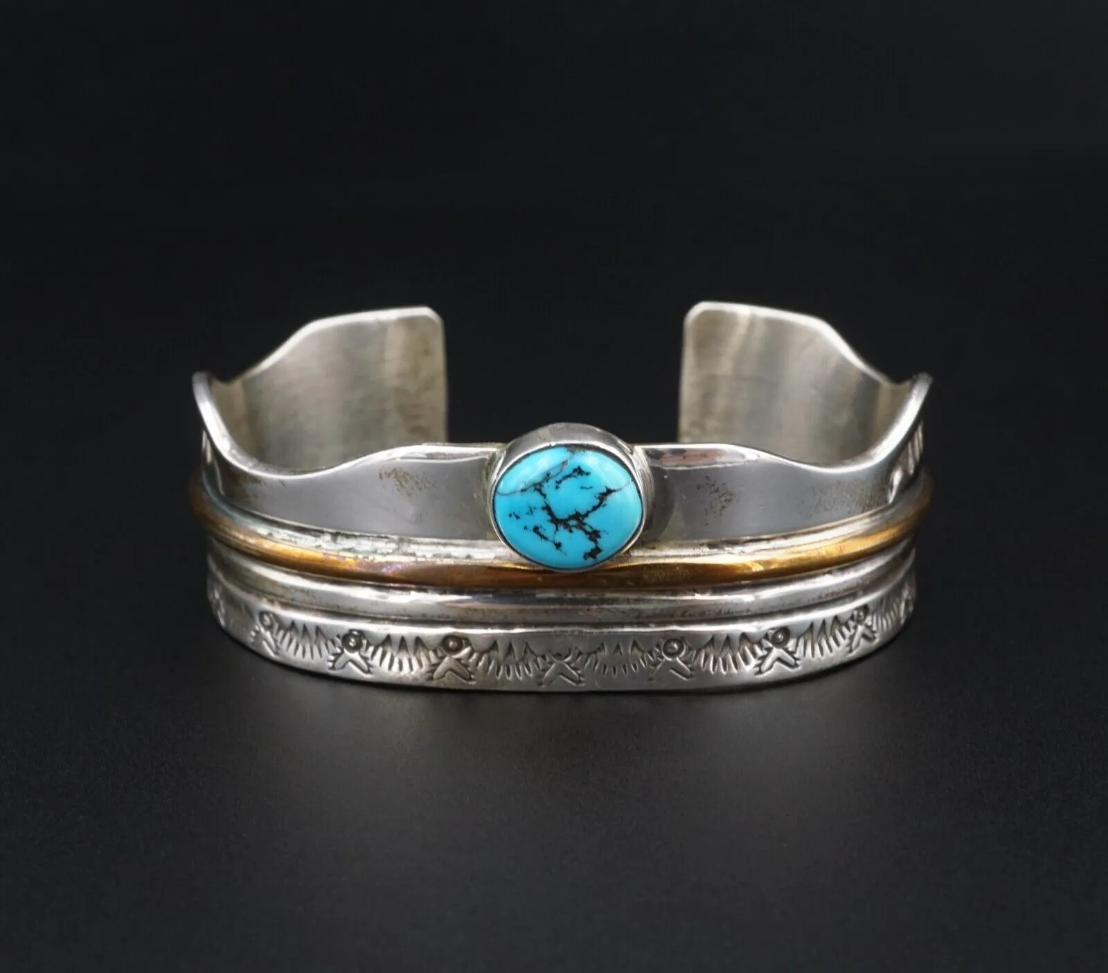 Navajo Turquoise Cuff Bracelet Brass Sterling Silver Signed RL 6.75" BS2955