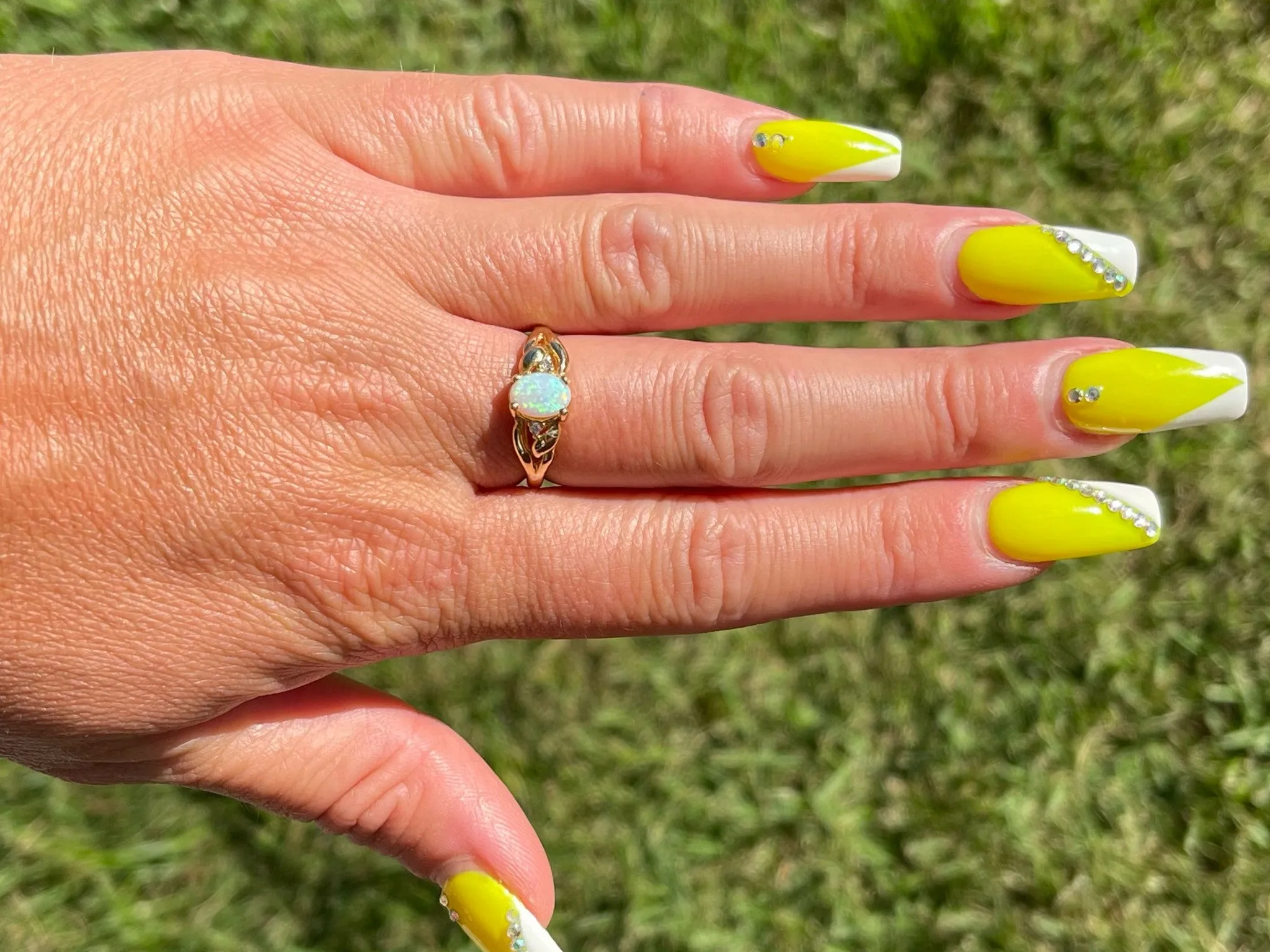 Oval Cabochon White Opal and Diamond Ring in 14k Yellow Gold