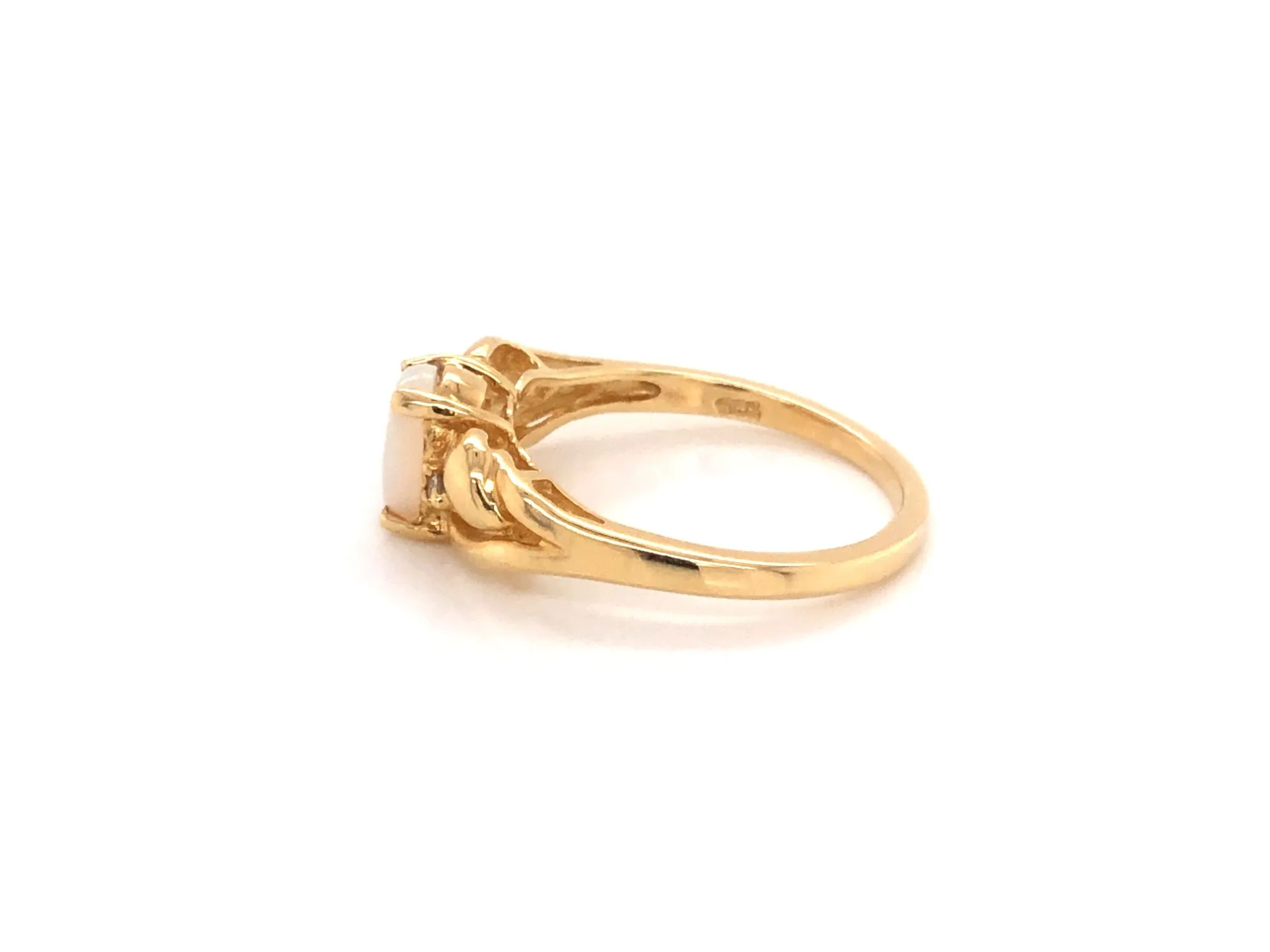 Oval Cabochon White Opal and Diamond Ring in 14k Yellow Gold