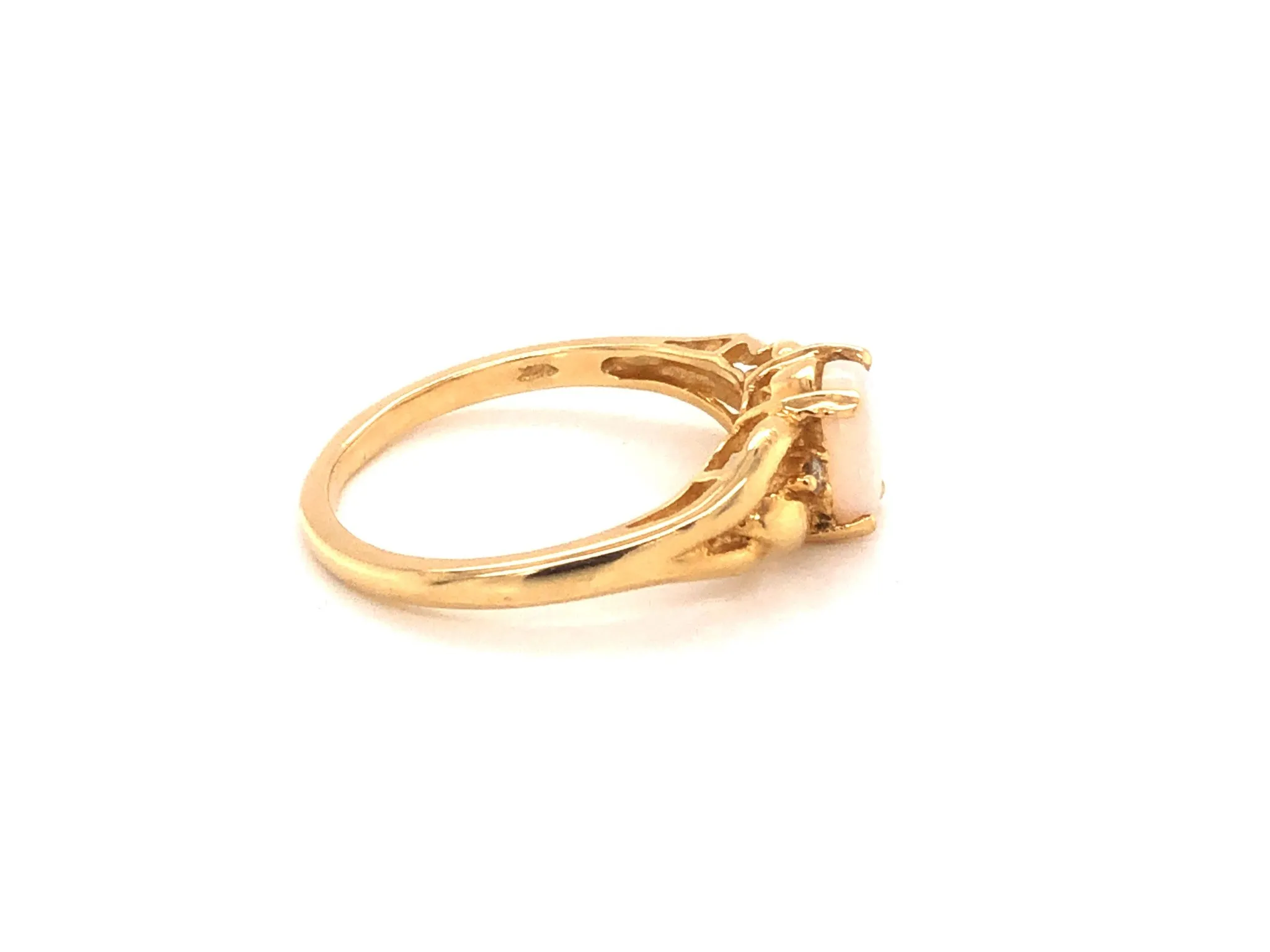 Oval Cabochon White Opal and Diamond Ring in 14k Yellow Gold