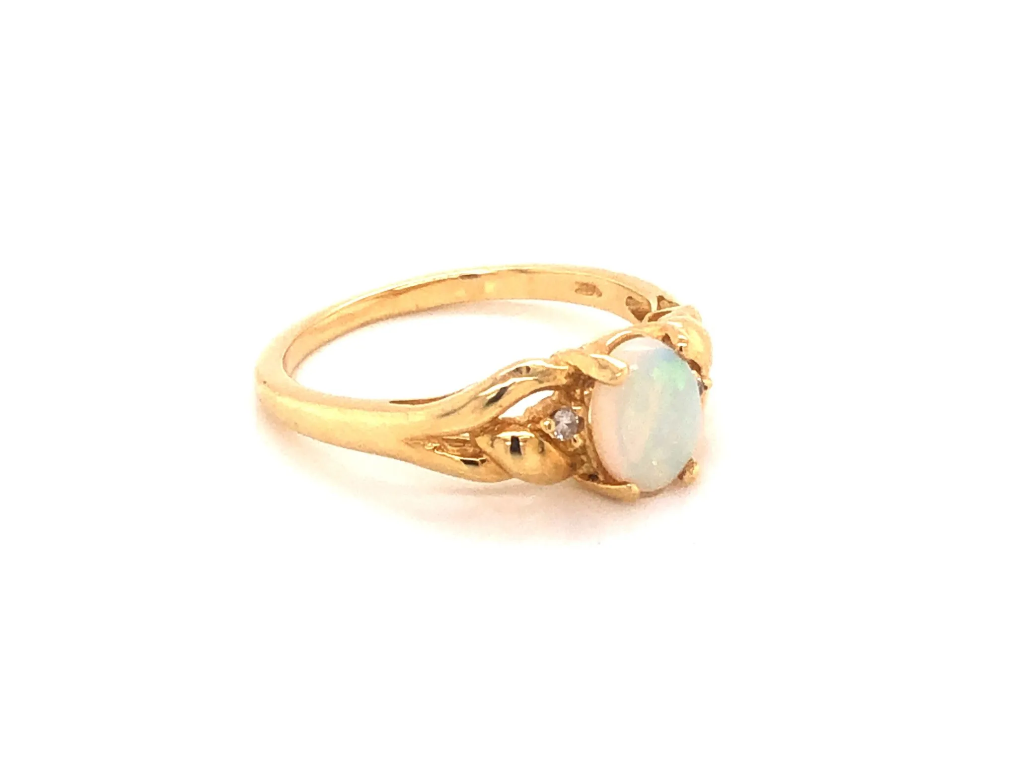 Oval Cabochon White Opal and Diamond Ring in 14k Yellow Gold
