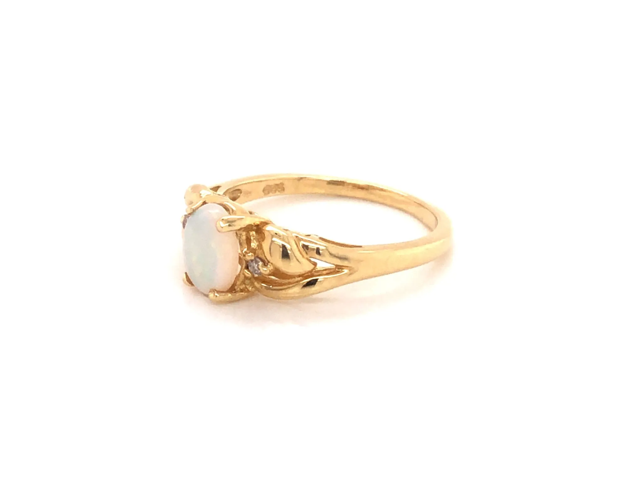 Oval Cabochon White Opal and Diamond Ring in 14k Yellow Gold
