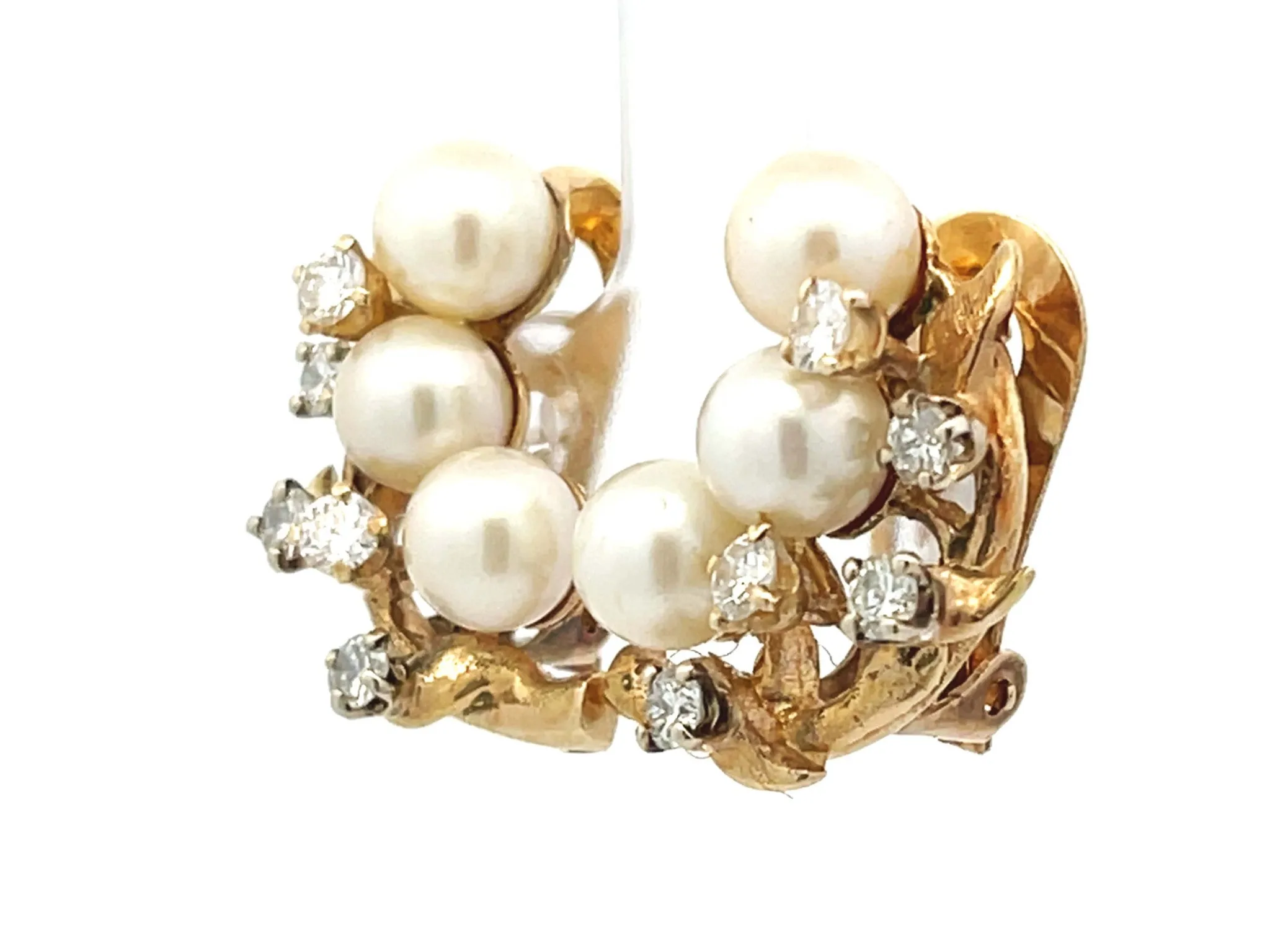 Pearl and Diamond Leaf Branch Earrings in 14K Yellow Gold