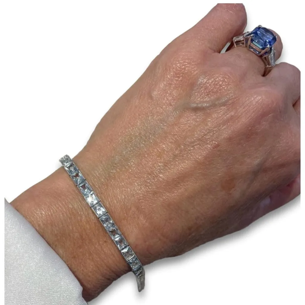 Post-1980s Platinum Aquamarine Line Bracelet
