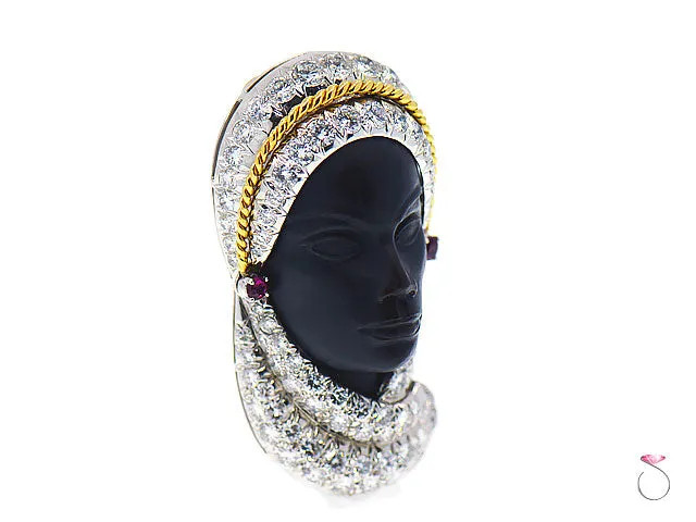 Rare Veiled Lady 4.60 ctw Diamond, Ruby & Ebony Brooch in Platinum and 18K