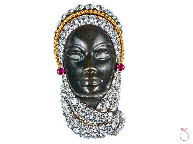 Rare Veiled Lady 4.60 ctw Diamond, Ruby & Ebony Brooch in Platinum and 18K