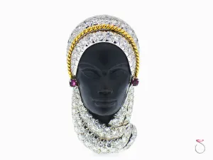 Rare Veiled Lady 4.60 ctw Diamond, Ruby & Ebony Brooch in Platinum and 18K