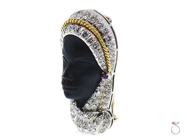 Rare Veiled Lady 4.60 ctw Diamond, Ruby & Ebony Brooch in Platinum and 18K