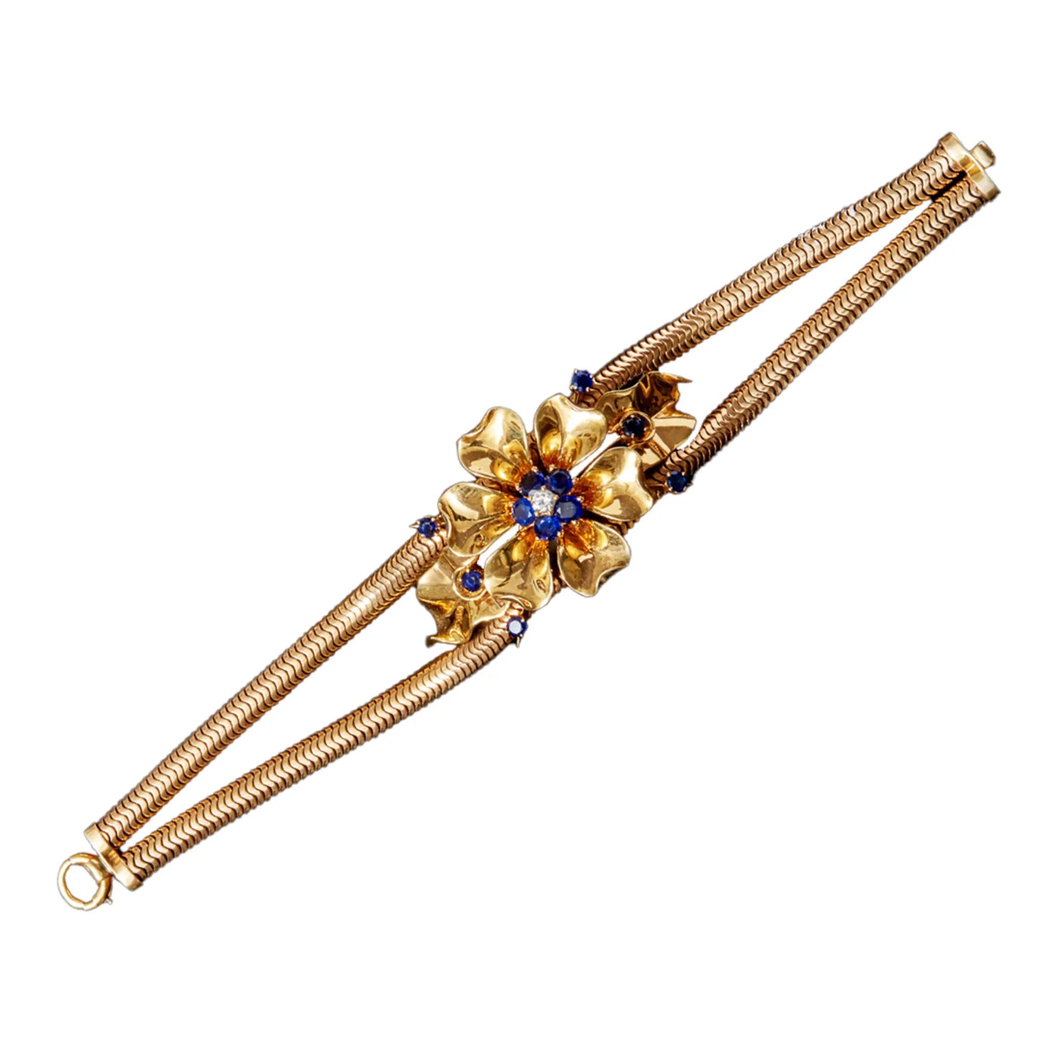 Retro 14KT Yellow Gold Sapphire & Diamond Bracelet & Brooch Set