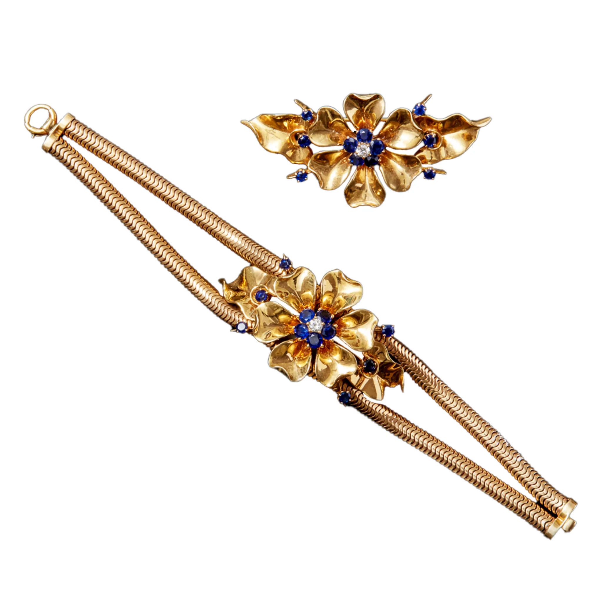 Retro 14KT Yellow Gold Sapphire & Diamond Bracelet & Brooch Set