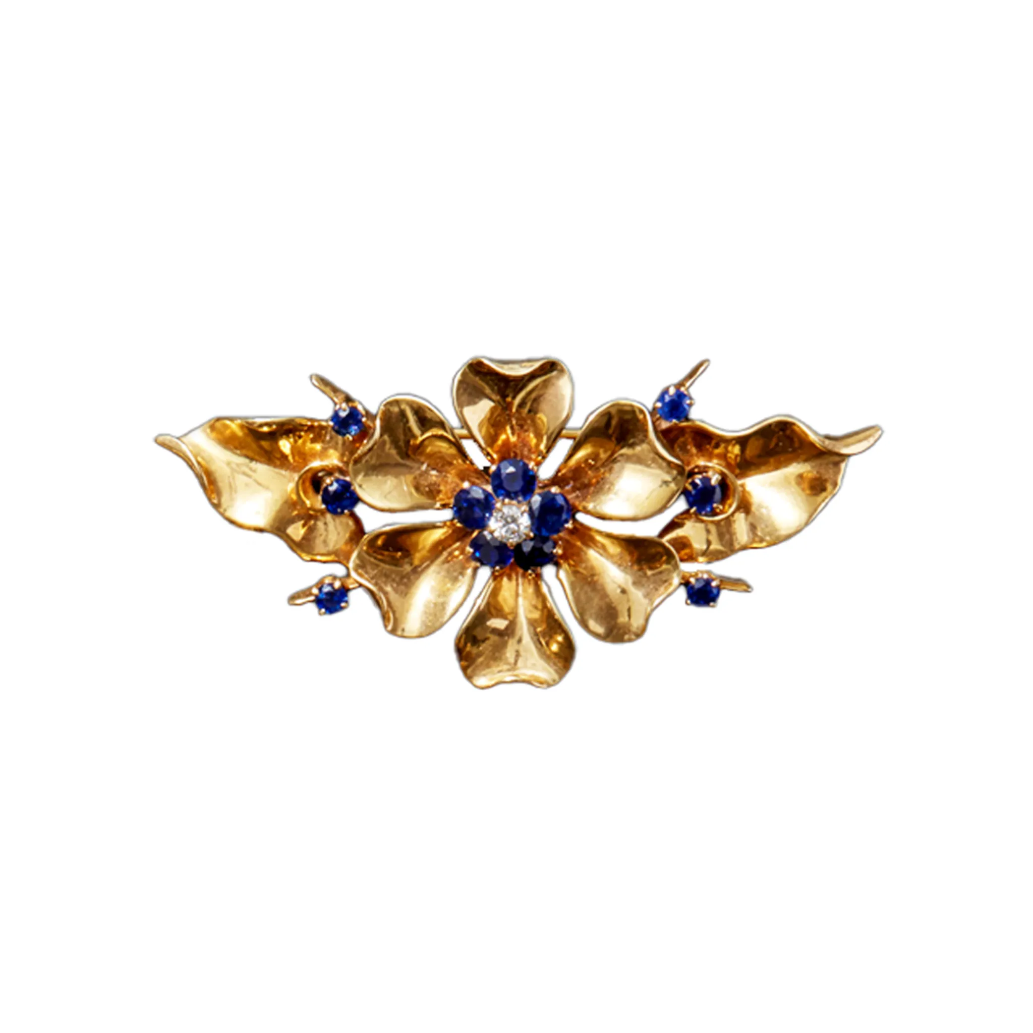 Retro 14KT Yellow Gold Sapphire & Diamond Bracelet & Brooch Set