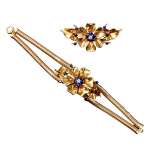 Retro 14KT Yellow Gold Sapphire & Diamond Bracelet & Brooch Set
