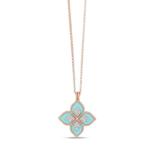 ROBERTO COIN 'PRINCESS FLOWER' 18CT ROSE & WHITE GOLD TURQUOISE & DIAMOND NECKLACE