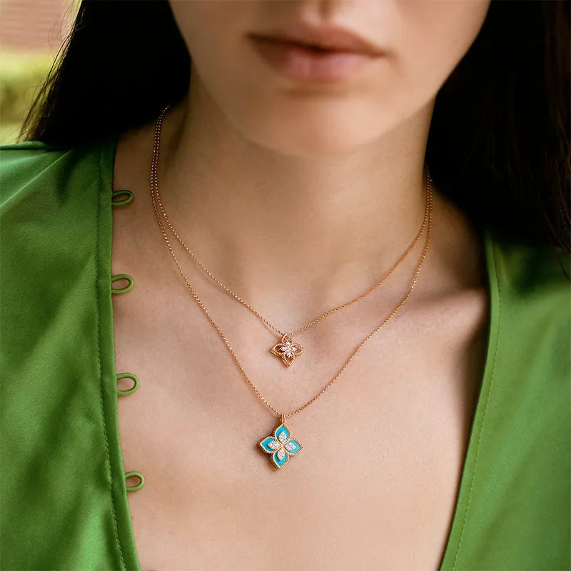 ROBERTO COIN 'PRINCESS FLOWER' 18CT ROSE & WHITE GOLD TURQUOISE & DIAMOND NECKLACE