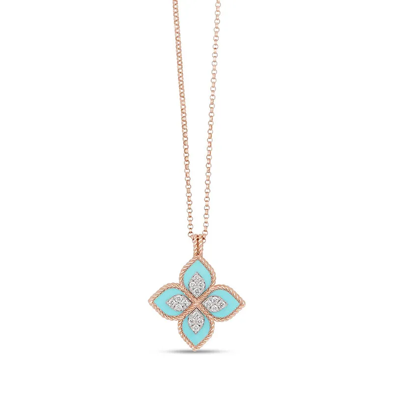 ROBERTO COIN 'PRINCESS FLOWER' 18CT ROSE & WHITE GOLD TURQUOISE & DIAMOND NECKLACE
