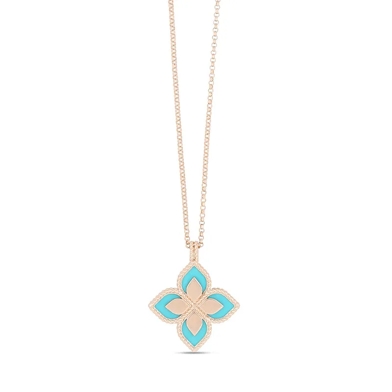 ROBERTO COIN 'PRINCESS FLOWER' 18CT ROSE & WHITE GOLD TURQUOISE & DIAMOND NECKLACE