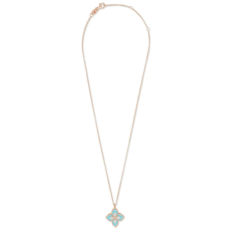 ROBERTO COIN 'PRINCESS FLOWER' 18CT ROSE & WHITE GOLD TURQUOISE & DIAMOND NECKLACE